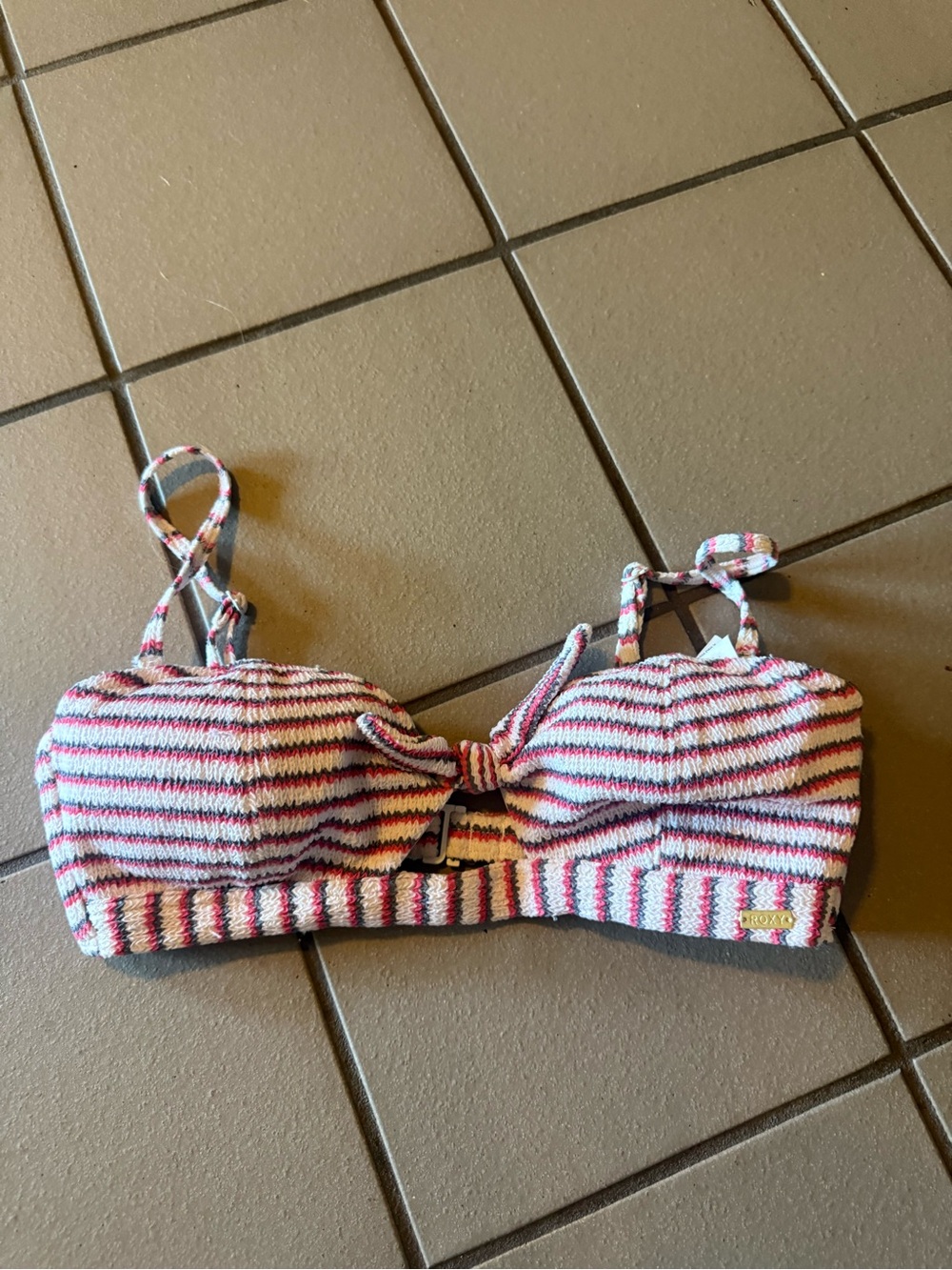 Roxy Striped Bandeau Bikini Top in Pink, White and Gray